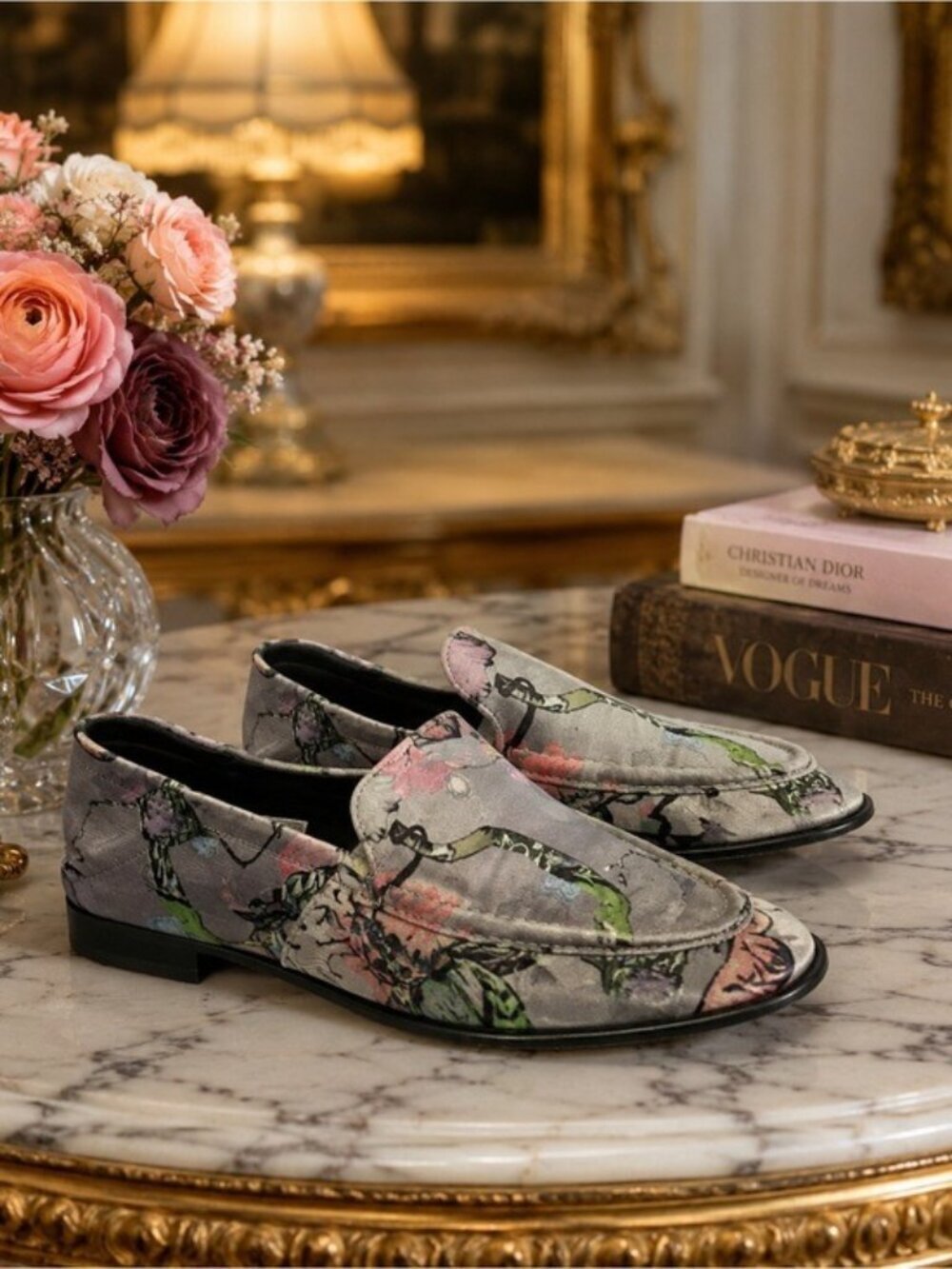 Rag & Bone Alix Floral Velvet Convertible Loafers Mules Gray Multi Size 8.5